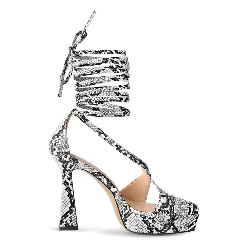 Women Open Toe Snakeskin Platform Sandals Thin High Heel  Party Evening Dress Stiletto Heels Cover Heel Sandals