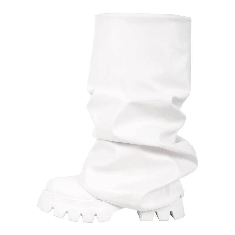 Onlymaker Women Platform  Pleated Fold Over Boots Round Toe Handmade Female Fashion Mid-Calf Boots