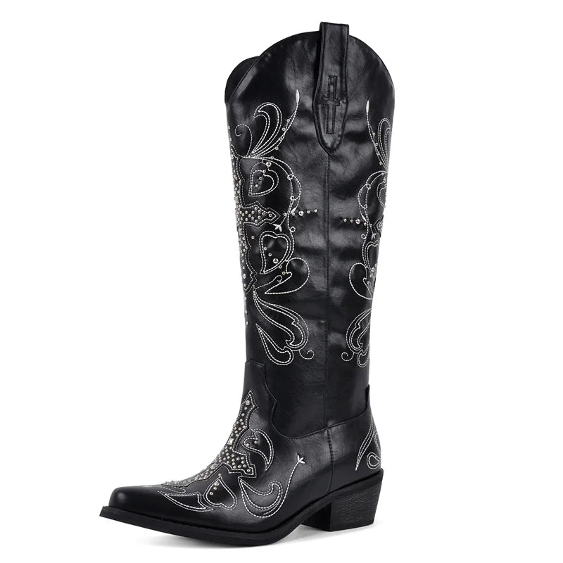 Onlymaker Women Pointed Toe Rivet Pull On Knee High Embroidery Western Cowgirl Boots Chunky Heel Embroidery Cowboy Boots