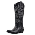 Onlymaker Women Pointed Toe Rivet Pull On Knee High Embroidery Western Cowgirl Boots Chunky Heel Embroidery Cowboy Boots