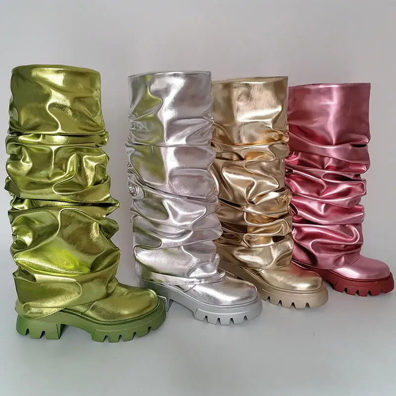 Onlymaker Women Green Round Toe Fold Over Boots Webs Fashion Handmade Female Mid-Calf Boots