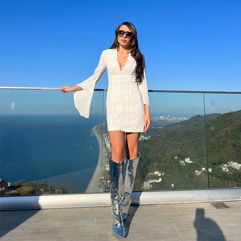 Onlymaker Women Metallic Sliver Leather Stiletto Knee High Boots Fashion Party Dress Thin Heels Winter Boots