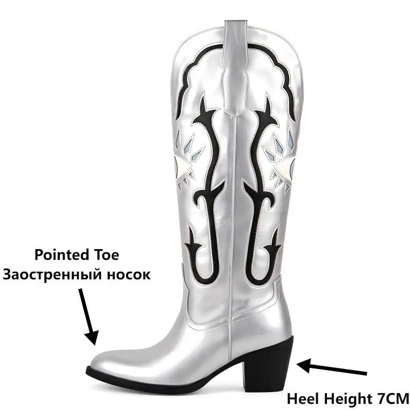 Onlymaker Women Pointed Toe Embroidered Eye Inlay Almond-Toe Wide Calf Knee High  Chunky Heel Western Cowgirl Boots
