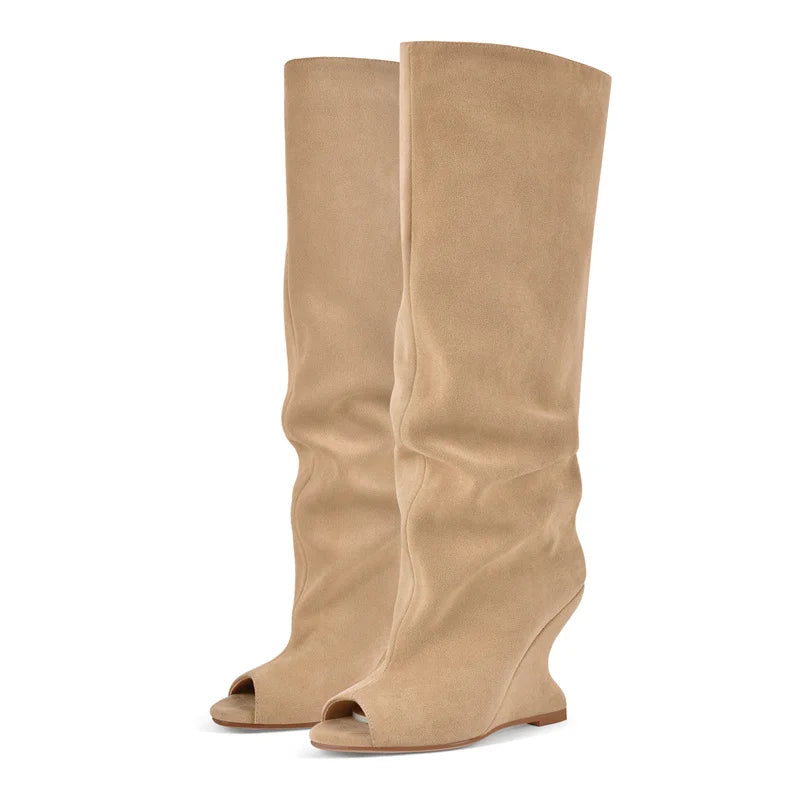 Onlymaker Women Peep Toe Wedge Flock Fashion Chunky Boots