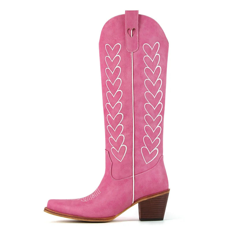 Onlymaker Women Pointed Toe Pull-on Knee High Cowgirl Boots with Big Size Comfy Female Cowboy Boots