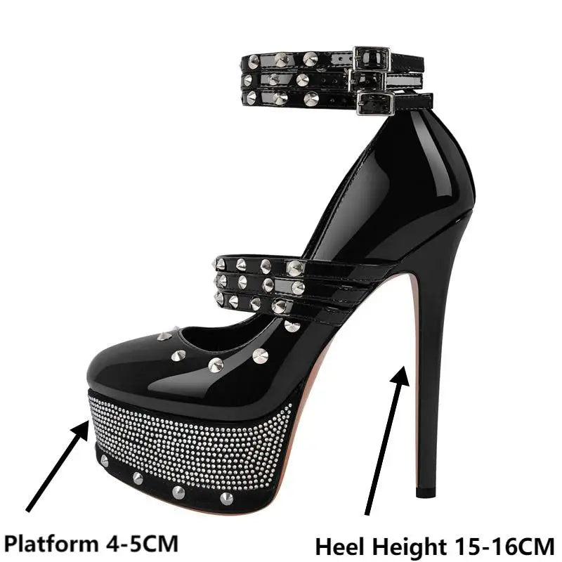 Women Rivet Platform Patent Leather Rhinestone Pumps High Heeled Big Size Ankle Straps Women Stiletto Pumps