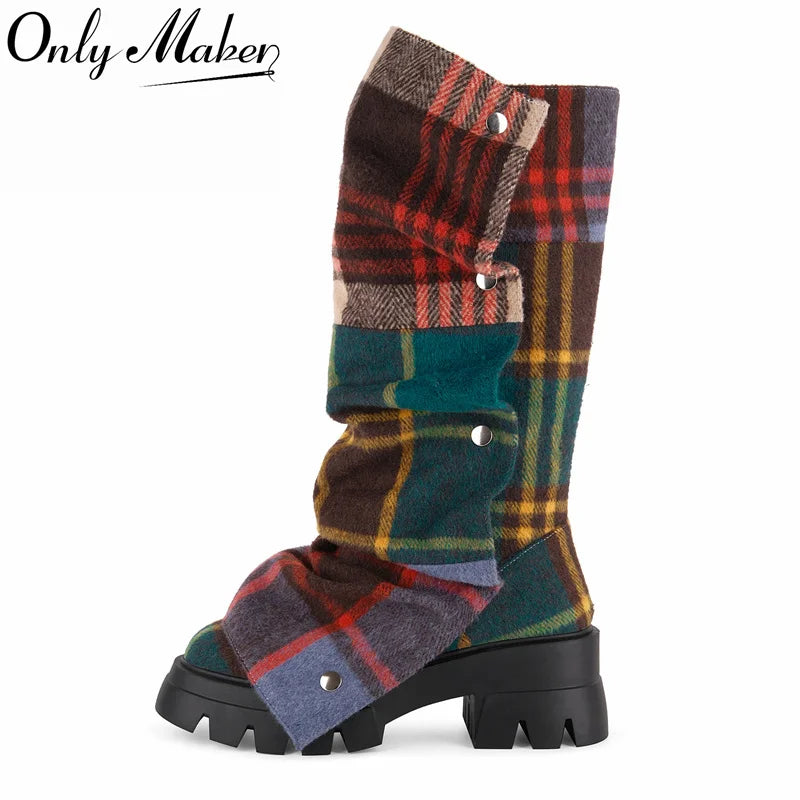 Onlymaker Women Platform Fold Over Boots Block Heel Round Toe Western Pull on Fashion Mid-Calf Female Boots