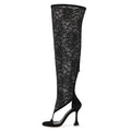 Onlymaker Women Round Toe Lace Mesh Over The Knee Boots Back Zipper Heel High Sexy Thigh Boots Sandals