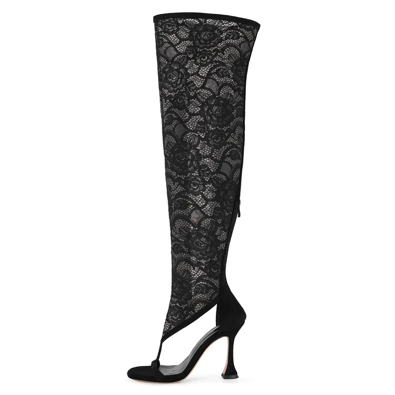 Onlymaker Women Round Toe Lace Mesh Over The Knee Boots Back Zipper Heel High Sexy Thigh Boots Sandals