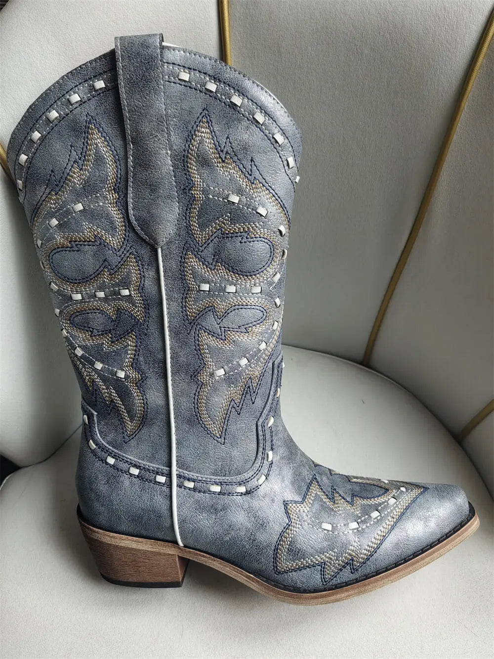 Womens Pointed Toe Embroidered Pull On Casual Boots Mid Calf Low Heel Cute Western boots