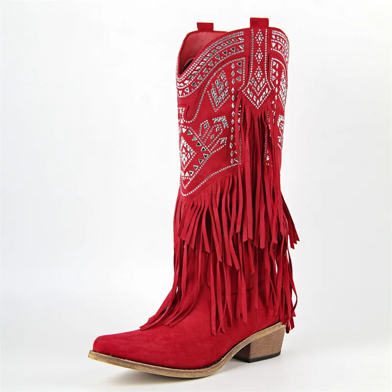 Onlymaker Women Pointed Toe Fringe Pull On Retro Western Cowgirl Boots Fringed Chunky Heel Embroidery Cowboy Boots