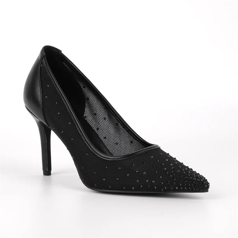 Women Pointed Toe Rhinestone Mesh Pumps High Heeled Big Size Slip On Party Wedding Bride  Stiletto Pumps