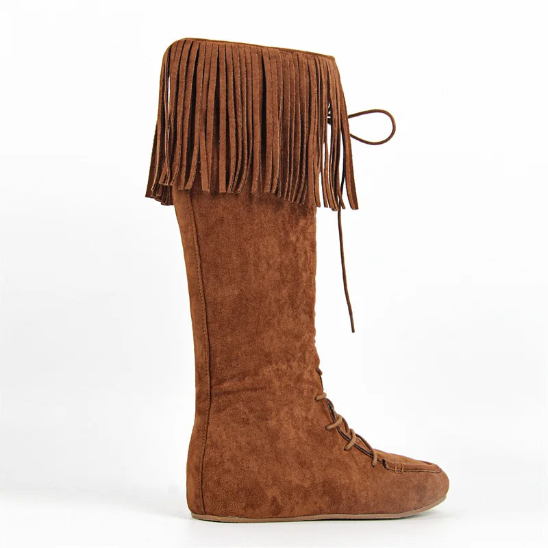 Women Round Toe Lace Up Faux Suede Fringe Knee High Boot Side Zipper Chuny Heel Flat Boots