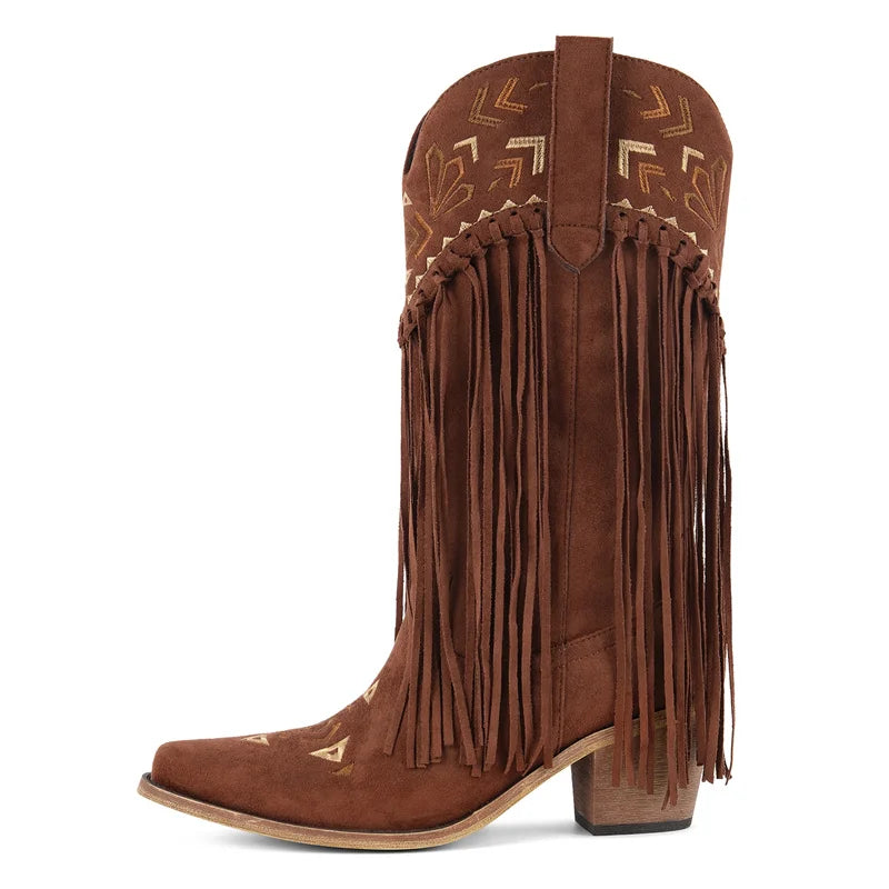 Onlymaker Women Pointed Toe Embroidery Fringe Pull On Retro Western Cowgirl Boots Fringed Chunky Heel Cowboy Boots