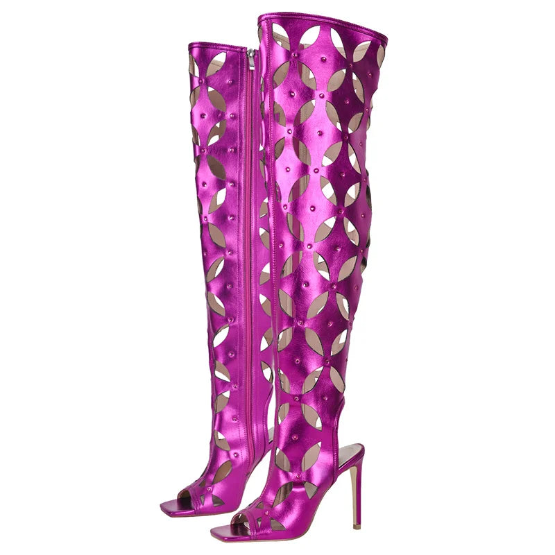 Onlymaker Women Fuchsia Long Boots Concise Peep Toe Stiletto High Heel Shoes Side Zipper Hollow Over The Knee Boots