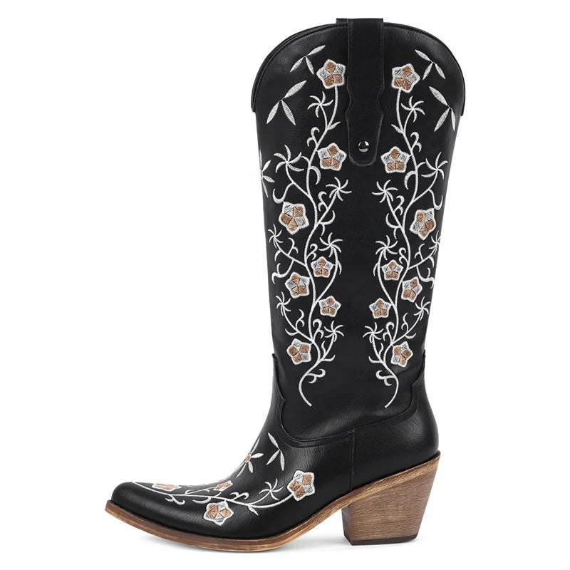 Onlymaker Women Pointed Toe Retro Western Cowgirl Boots Chunky Heel Embroidery Side Zipper Cowboy Boots