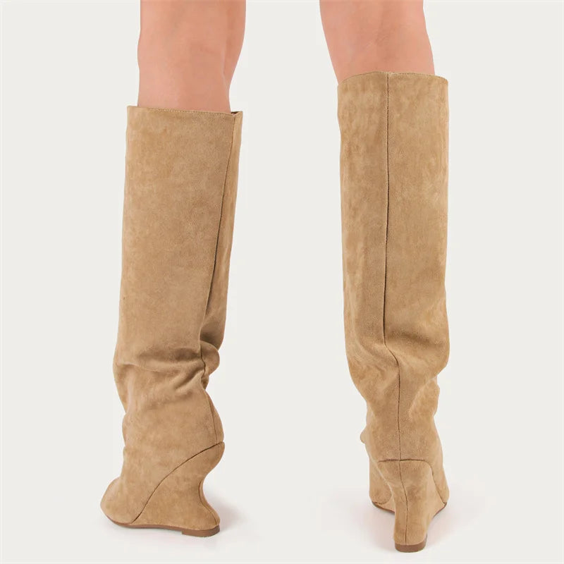 Onlymaker Women Peep Toe Wedge Flock Fashion Chunky Boots
