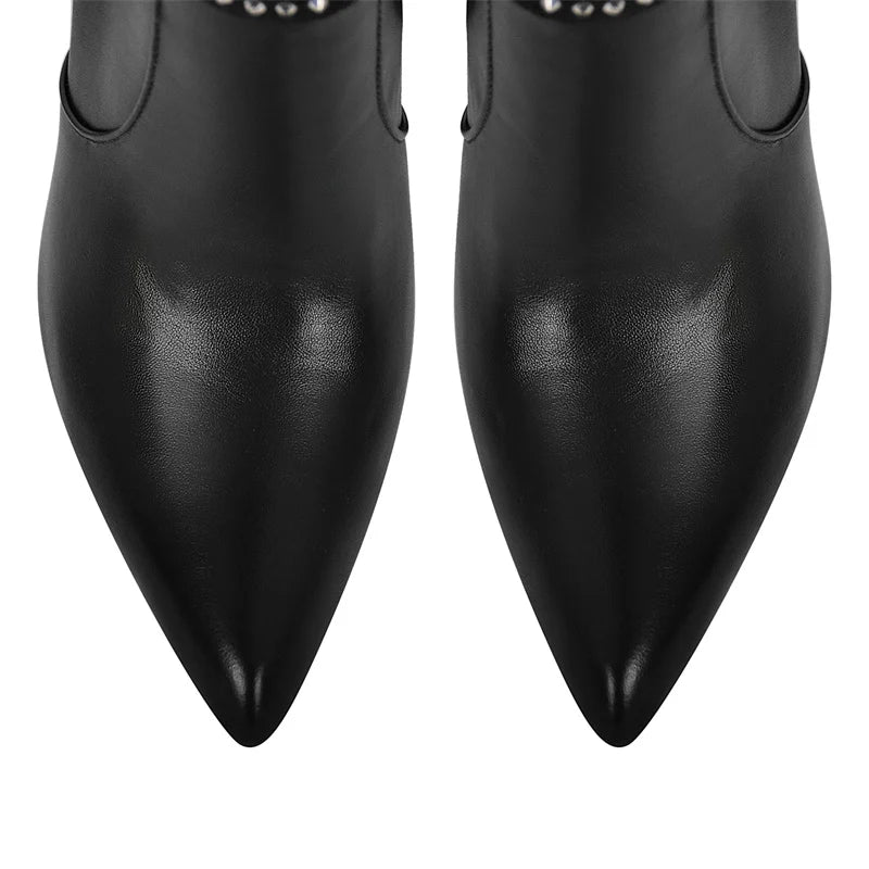 Onlymaker Women Rhinestone Pointed Toe Black Matte Knee High Boots Stiletto Fashion  Long Boots