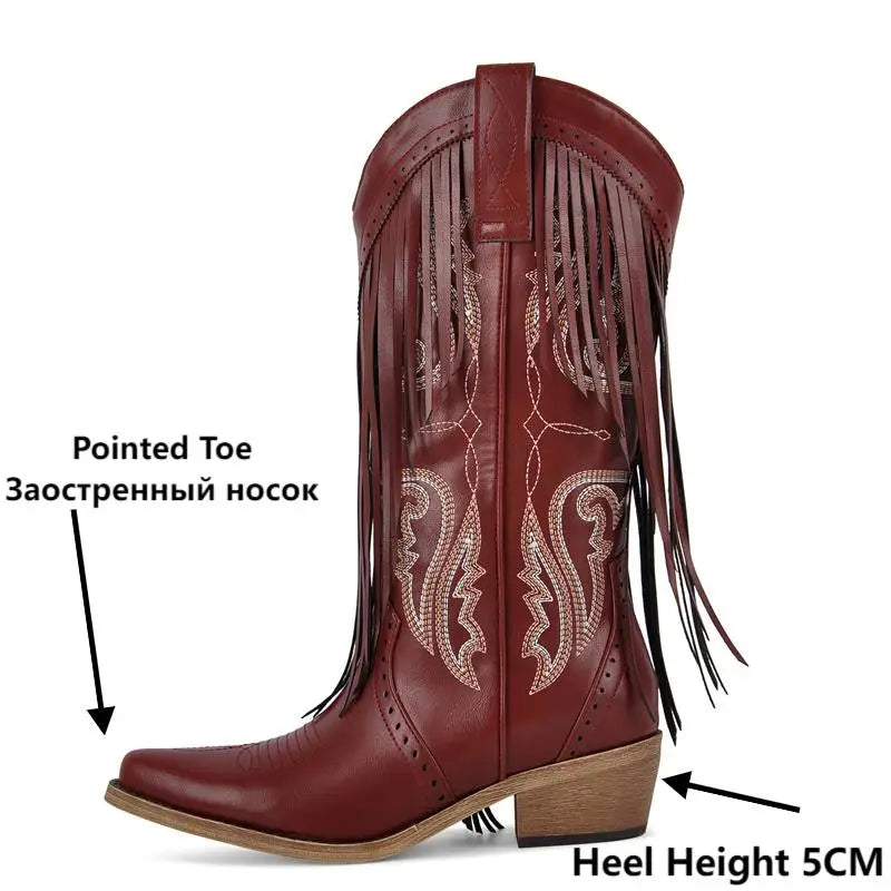 Onlymaker Women Pointed Toe Fringe Pull On Retro Western Cowgirl Boots Fringed Chunky Heel Embroidery Cowboy Boots