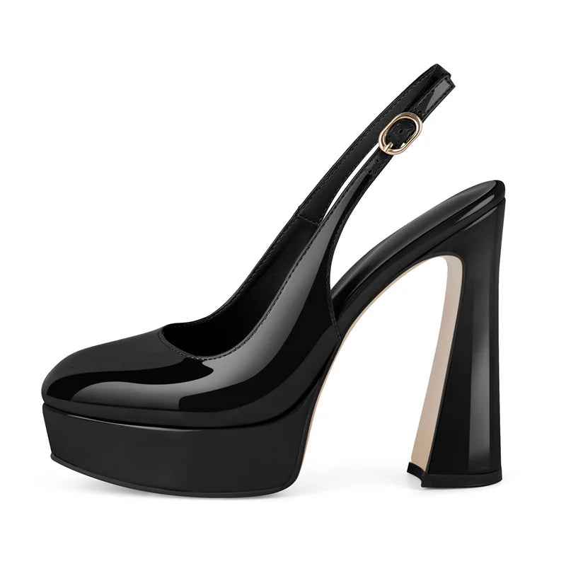 Women Round Toe Patent Leather Pumps High Heeled Big Size Slingback Office Dress Chuny Heel Classic Pumps Heels