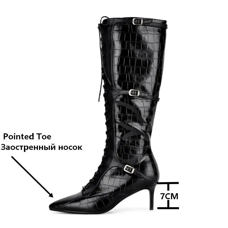 Onlymaker Women Pointed Toe Lace Up  Knee-high Boots Thin Heel Side Zipper Fashion Elegant Faux Leather Boots