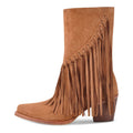 Onlymaker Women Pointed Toe Pull-on Knee High Fringe Cowgirl Boots Comfy Pull On Mid Calf Western Boots