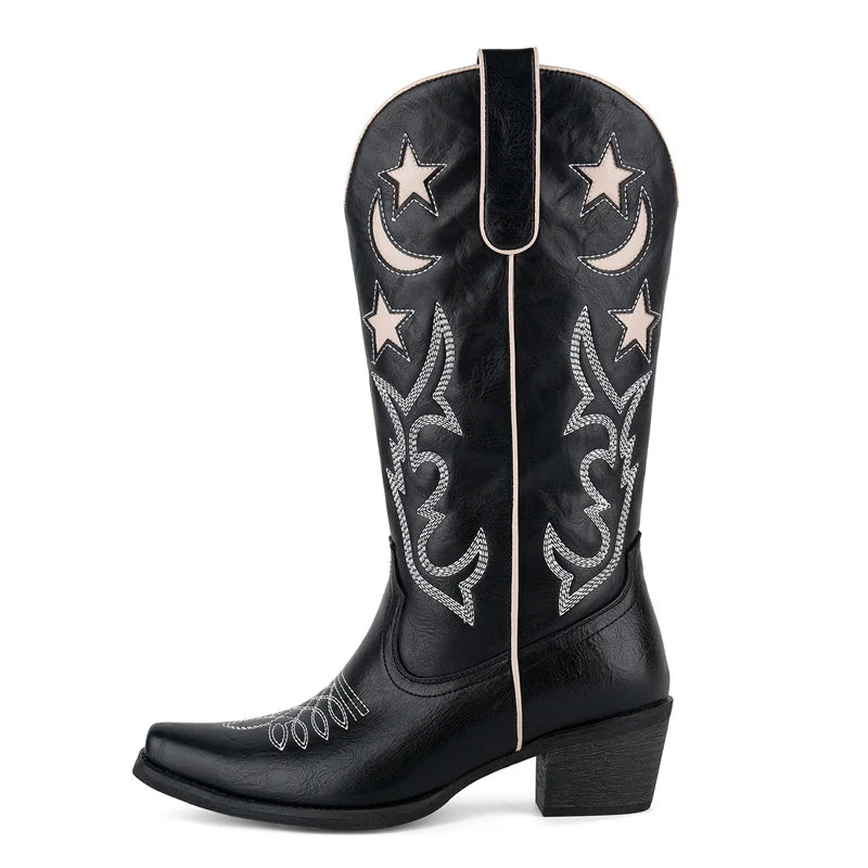 Onlymaker Women  Embroidery Western Boots Side Zipper Knee High Chunky Heel Embroidered Boots