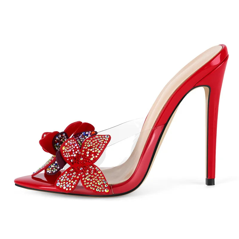 Women Peep Toe Rhinestone Stiletto Mules 10CM Thin Heel Slip On Mules Sandals