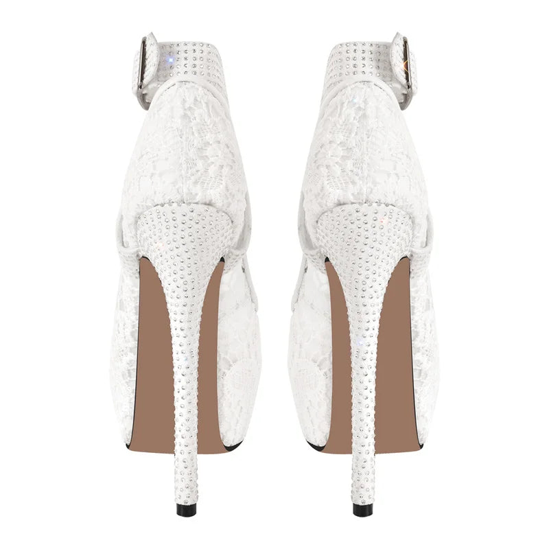 Peep Toe Platform Lace Floral  Mesh High Heels Thin High Heels Slip On Ankle Strap Women Pumps