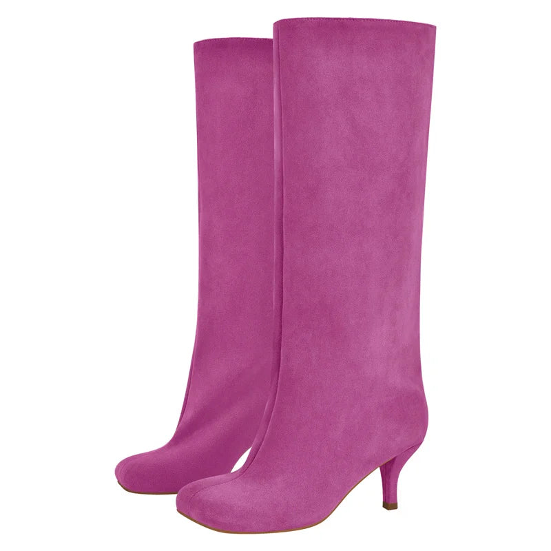 Onlymaker Women Black Matte Kitten Heel  Knee High Heel Boots  Female Boots