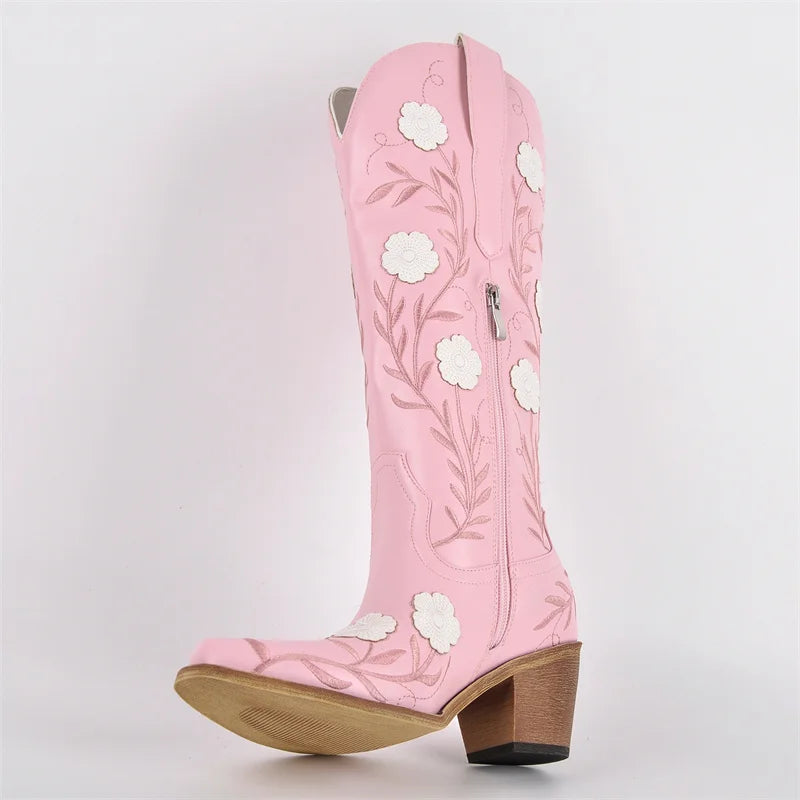 Onlymaker Women Pointed Toe Side Zipper Embroidery Flower Western Cowgirl Boots Chunky Heel Embroidery Cowboy Boots