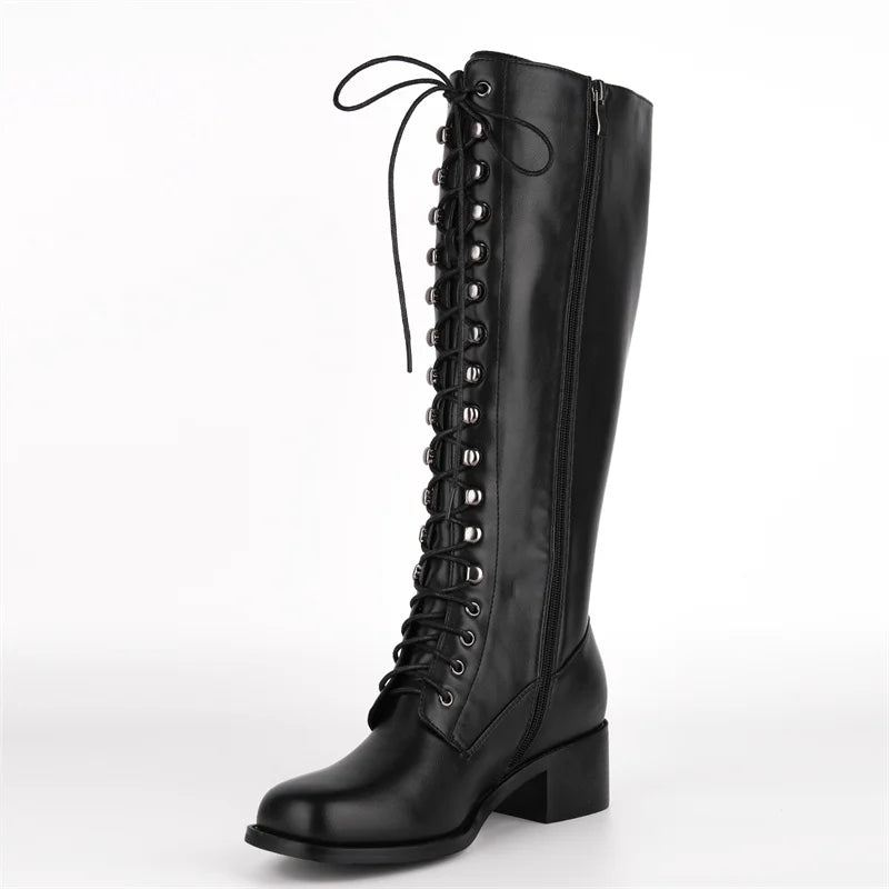 Onlymaker Women Square Toe Knee High Boots Black Matte Gothic Heeled Concise Side Zipper Winter Lace UP Motorcycle Boots