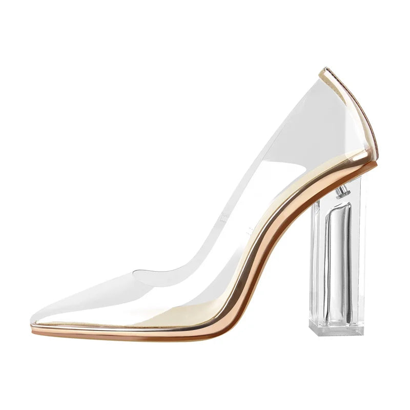 Women Pointed Toe PVC Clear High Heels Pumps Buckle   Chunky  Transparent Strip  Big Size Summer Pumps