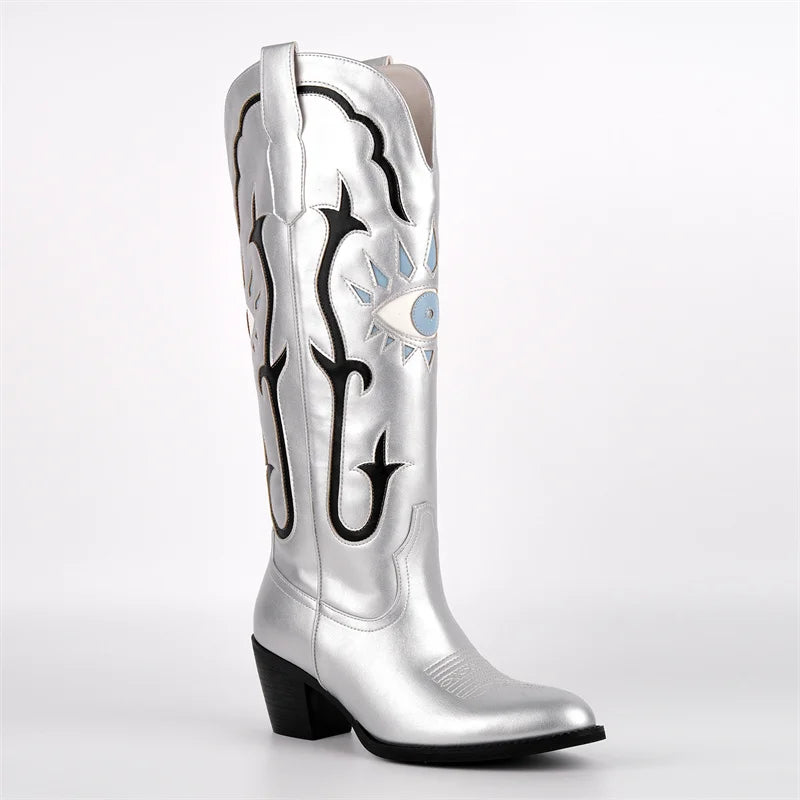 Onlymaker Women Pointed Toe Embroidered Eye Inlay Almond-Toe Wide Calf Knee High  Chunky Heel Western Cowgirl Boots