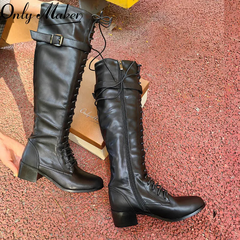 Onlymaker Women Round Toe Black Matte Side Zipper Knee High Boots Lace Up Classic Autumn Winter  Lady Motorcycle Flats Boots