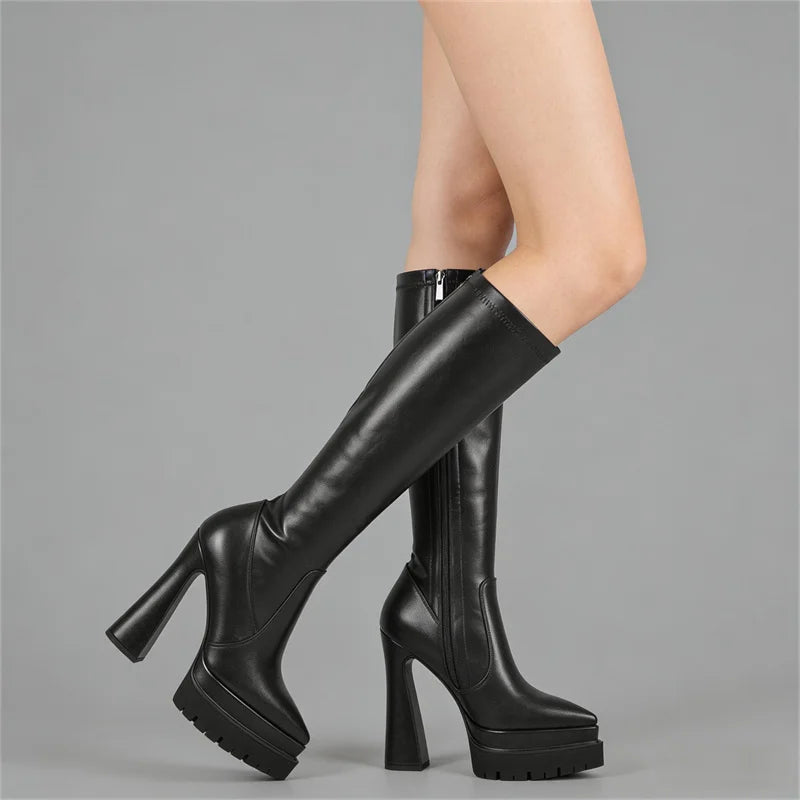 Onlymaker Women Pointed Toe Platform Knee High Zipper Boots Black Zip Anti Slip Thick Block Heel Wide Calf Party Boots