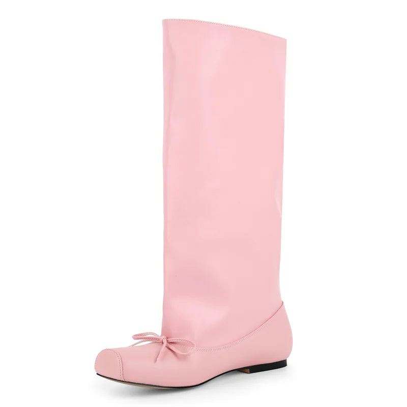 Women Pink Square Toe Bow Flat With Mid-Calf Boots Pull On Cowgirl Western Boots