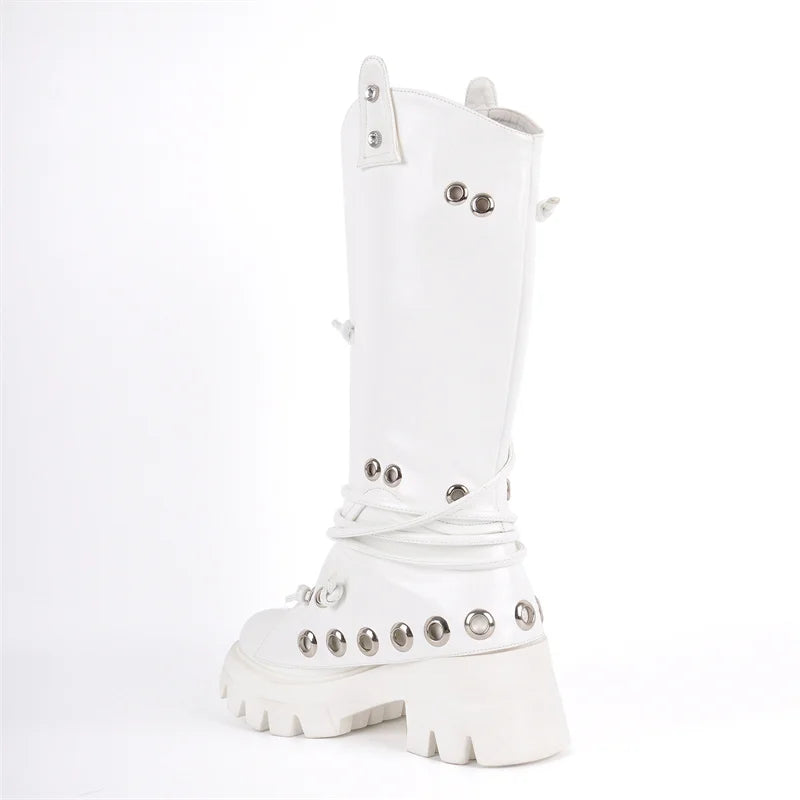 Women Platform Round Toe Studded Chunky Heel Knee High Boots Pull On Mid Calf Chunky Heel Punk Boots