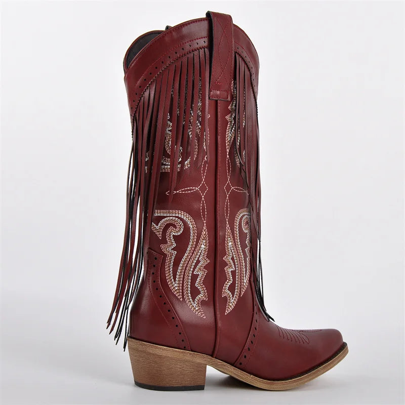 Onlymaker Women Pointed Toe Fringe Pull On Retro Western Cowgirl Boots Fringed Chunky Heel Embroidery Cowboy Boots