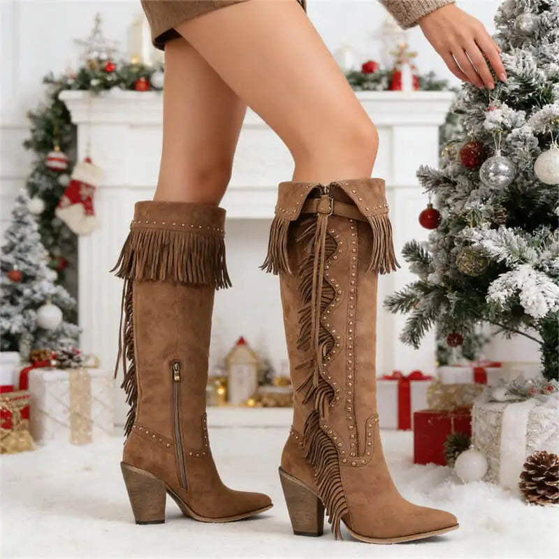 Onlymaker Women Pointed Toe  Fringe Rivet Brown Faux Suede leather Knee High Boots Vintage Side Zipper Fringe boots