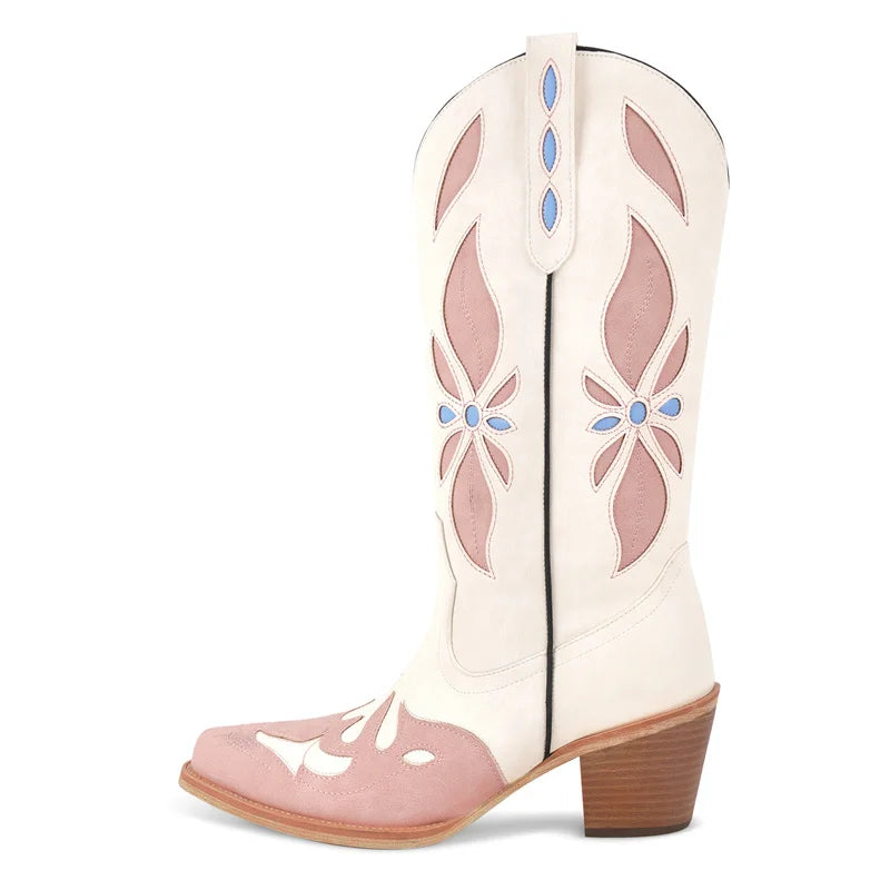 Onlymaker Women Pointed Toe Pull-on Knee High Western Boots Comfy  Wide Calf Chunky Heel Retro Classic  Cowgirl Boots