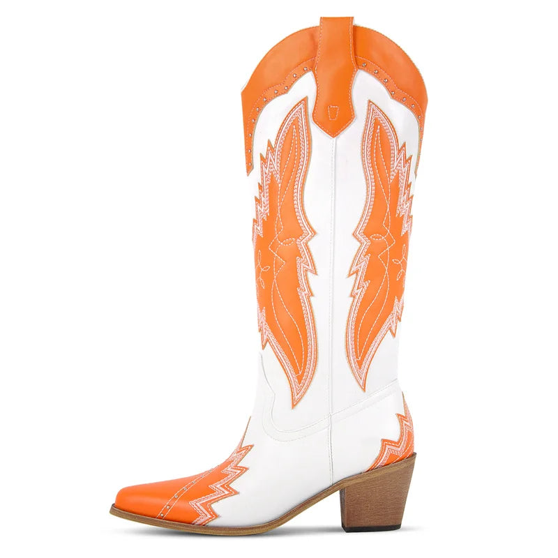 Onlymaker Women Pointed Toe Retro Pull On Western Cowgirl Boots Fringed Chunky Heel Embroidery Cowboy Boots