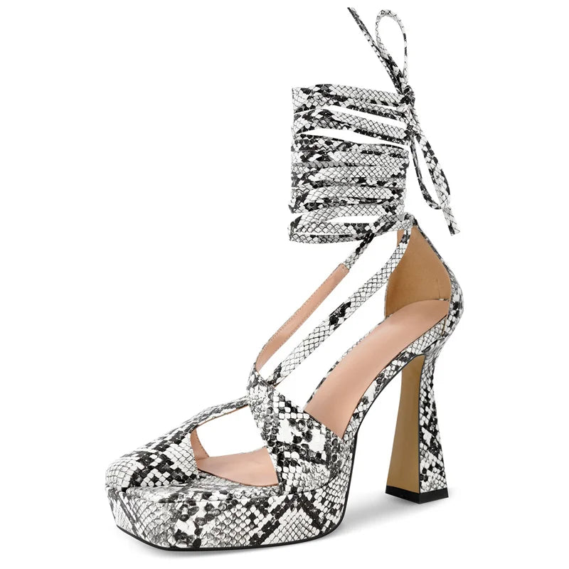 Women Open Toe Snakeskin Platform Sandals Thin High Heel  Party Evening Dress Stiletto Heels Cover Heel Sandals