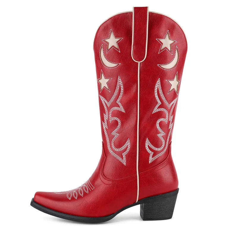 Onlymaker Women  Embroidery Western Boots Side Zipper Knee High Chunky Heel Embroidered Boots