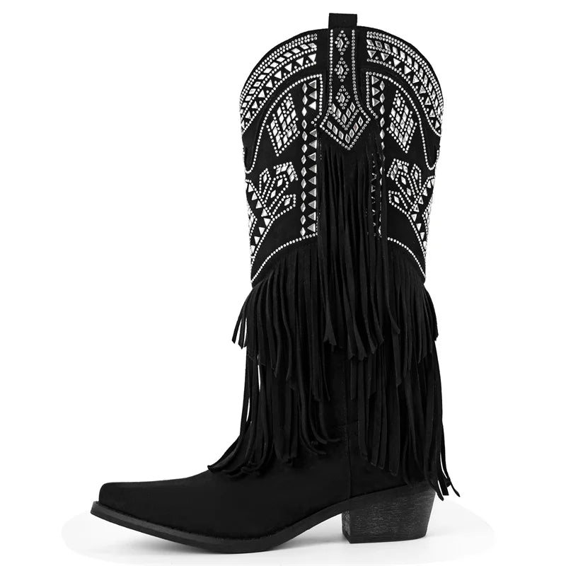 Onlymaker Women Pointed Toe Fringe Pull On Retro Western Cowgirl Boots Fringed Chunky Heel Embroidery Cowboy Boots