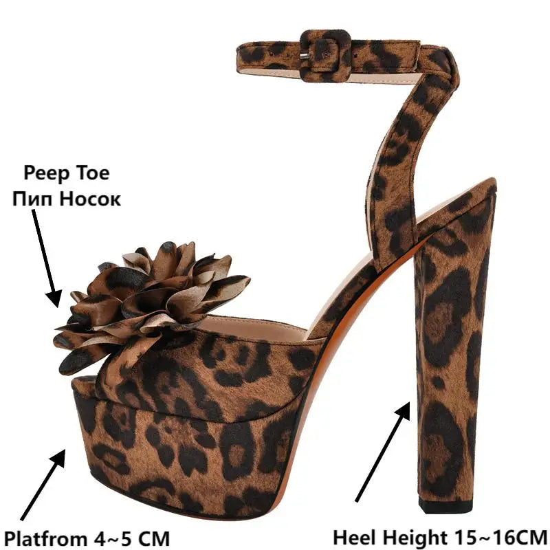 Women Peep Toe Flower Platform Chuncky Heel Ankle Buckle Strap Sandals Open Toe Plus Size  Sandals