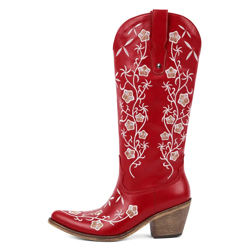 Onlymaker Women Pointed Toe Retro Western Cowgirl Boots Chunky Heel Embroidery Side Zipper Cowboy Boots
