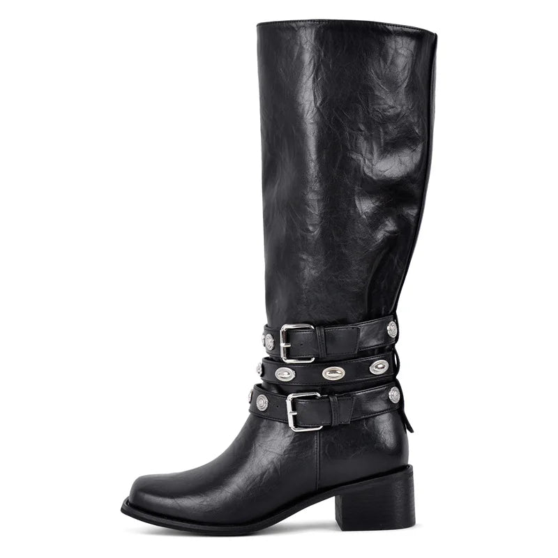 Onlymaker Women Square Toe Mid Calf Knee High Boots Buckled Strap Winter Matte Gothic Motorcycle Boots