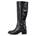 Onlymaker Women Square Toe Mid Calf Knee High Boots Buckled Strap Winter Matte Gothic Motorcycle Boots