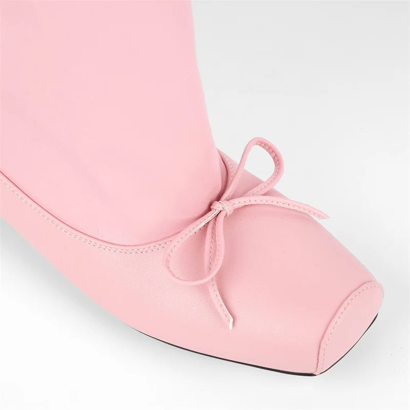 Women Pink Square Toe Bow Flat With Mid-Calf Boots Pull On Cowgirl Western Boots